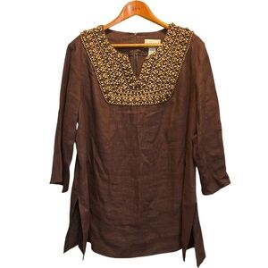 Vintage Victor Costa Linen Tunic Top Brown Size 1X V Neck with Wooden Beads